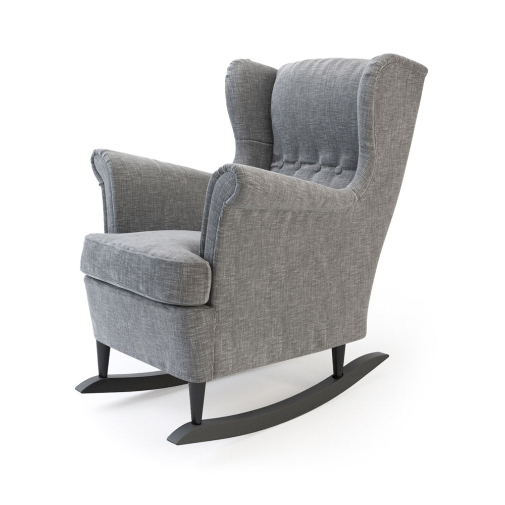 IKEA Strandmon Ohrensessel in Grau mit schwarz lackierten Schaukelstuhlkufen.