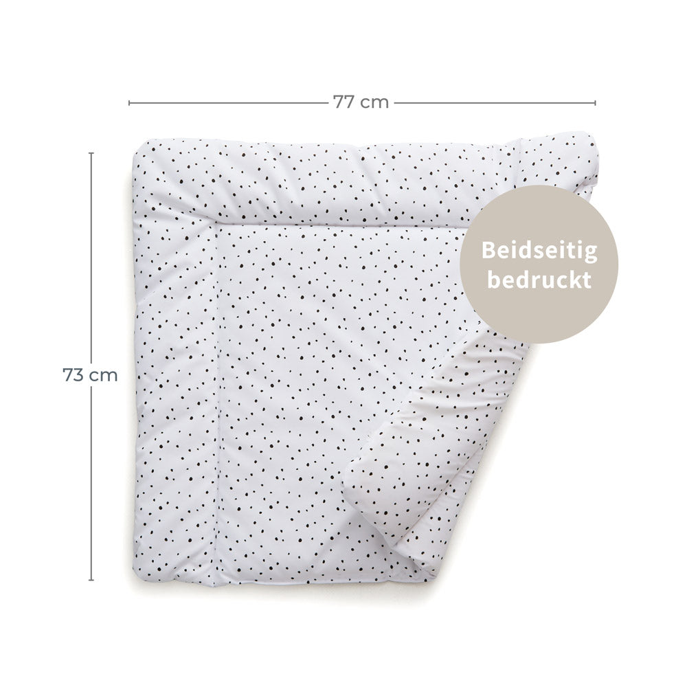 Beidseitig bedruckte Wickelauflage mit schwarzen Punkten mit entsprechenden Massangaben.