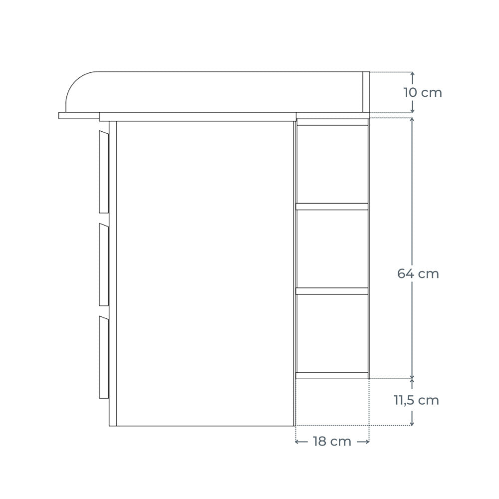 Technische Zeichnung der Malm Wickelkommode mit 3 Schubladen und entsprechenden Maßangaben.