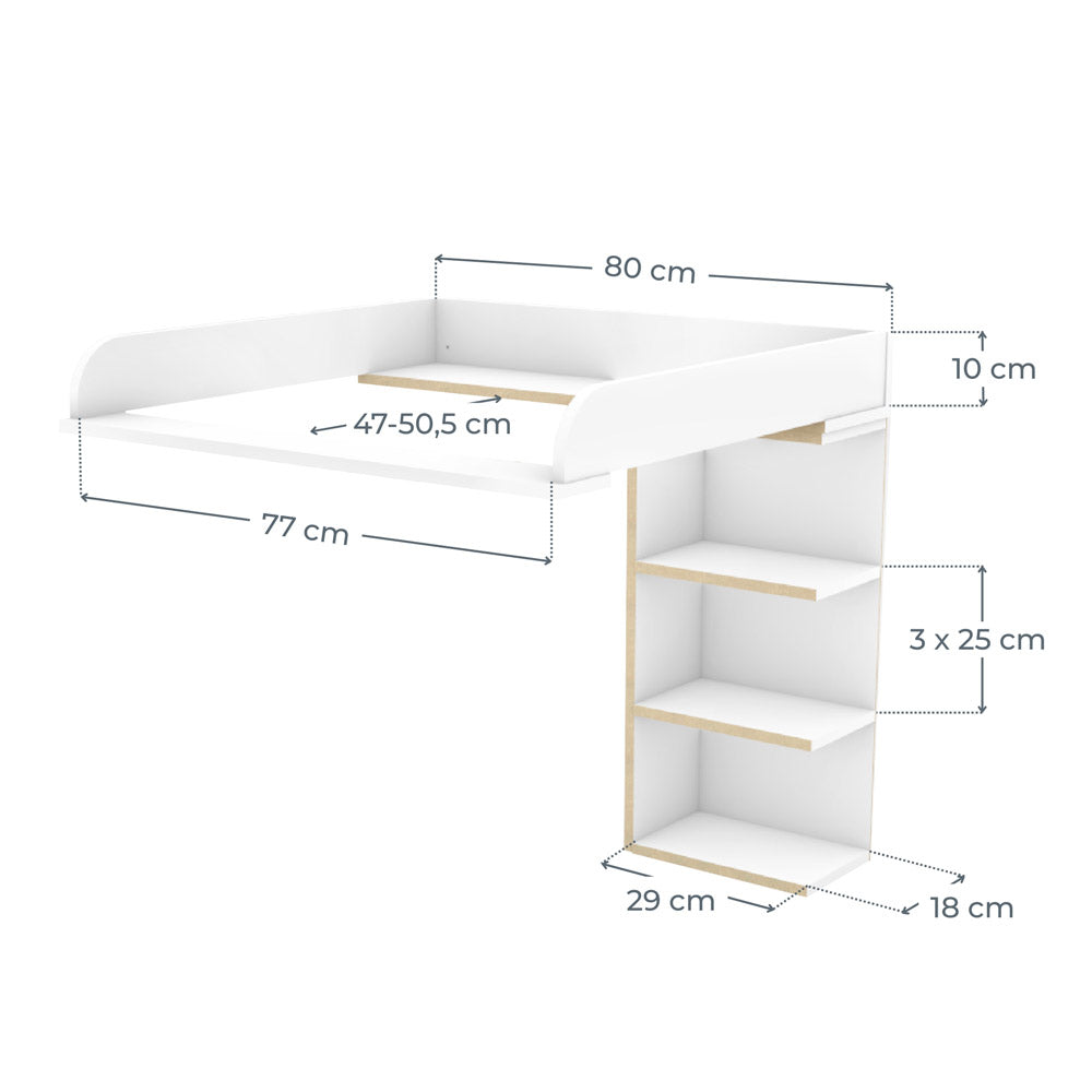 Malm Wickelaufsatz mit einem Stauraumregal und entsprechenden Maßangaben.