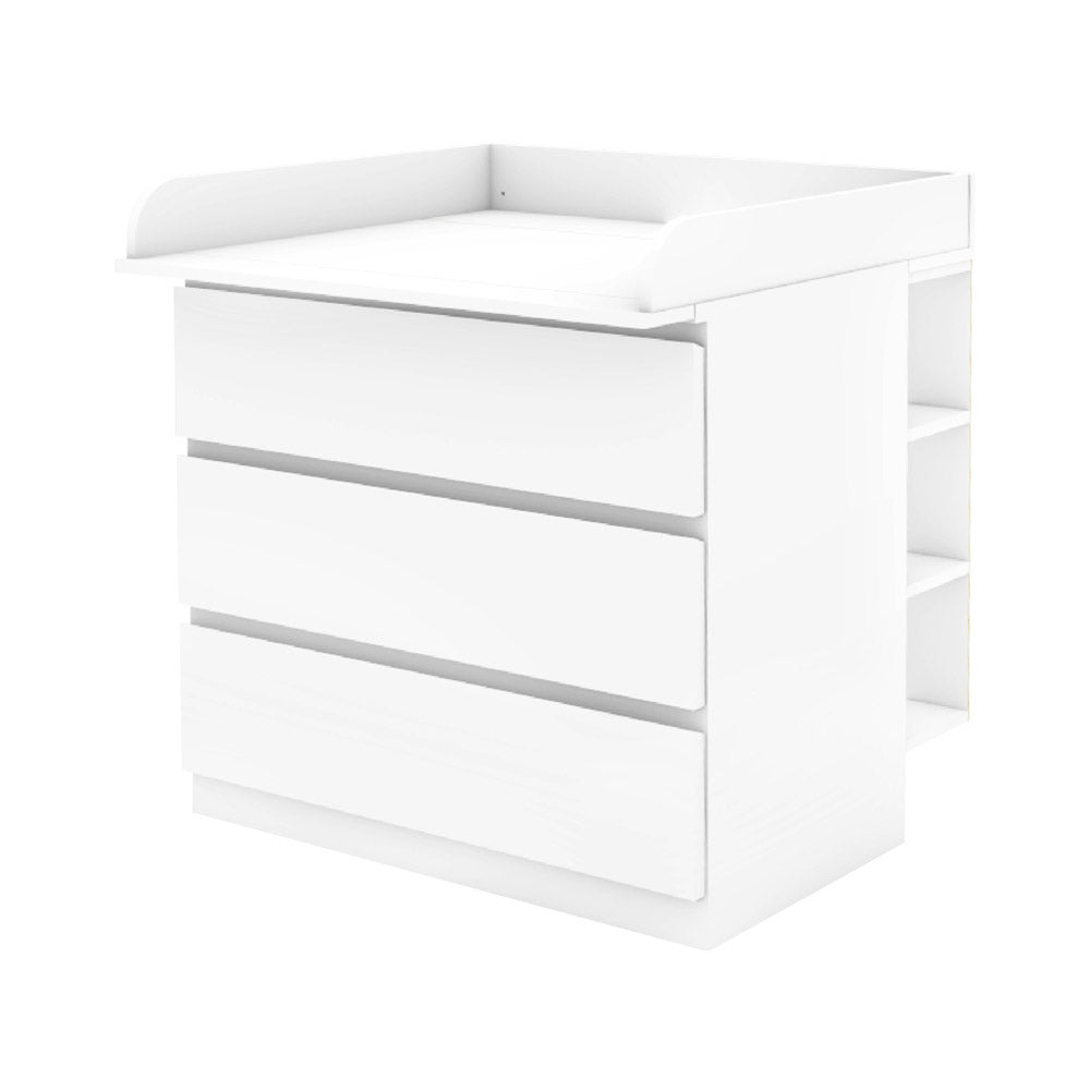 Malm Wickelkommode mit 3 Schubladen und passendem Wickelaufsatz und Stauraumregal.