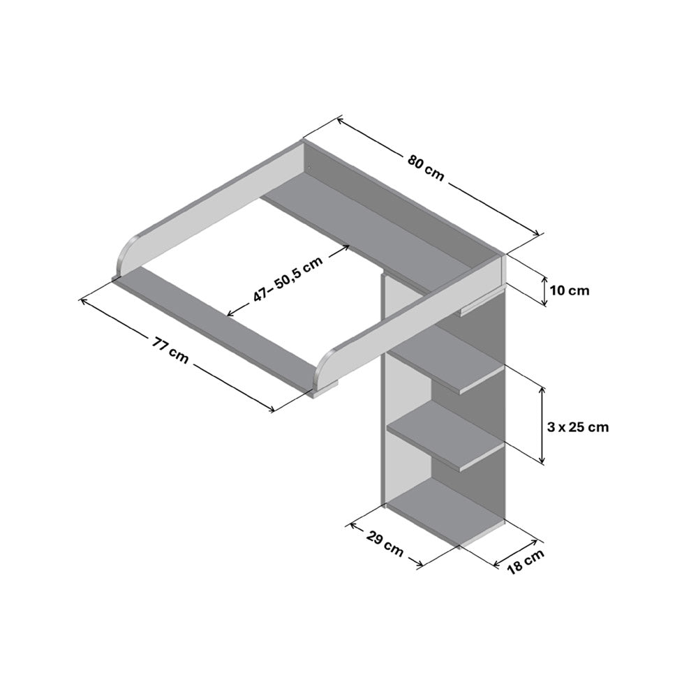 Technische Zeichnung Wickelaufsatz Malm 4er mit Stauraumregal und entsprechenden Maßangaben.