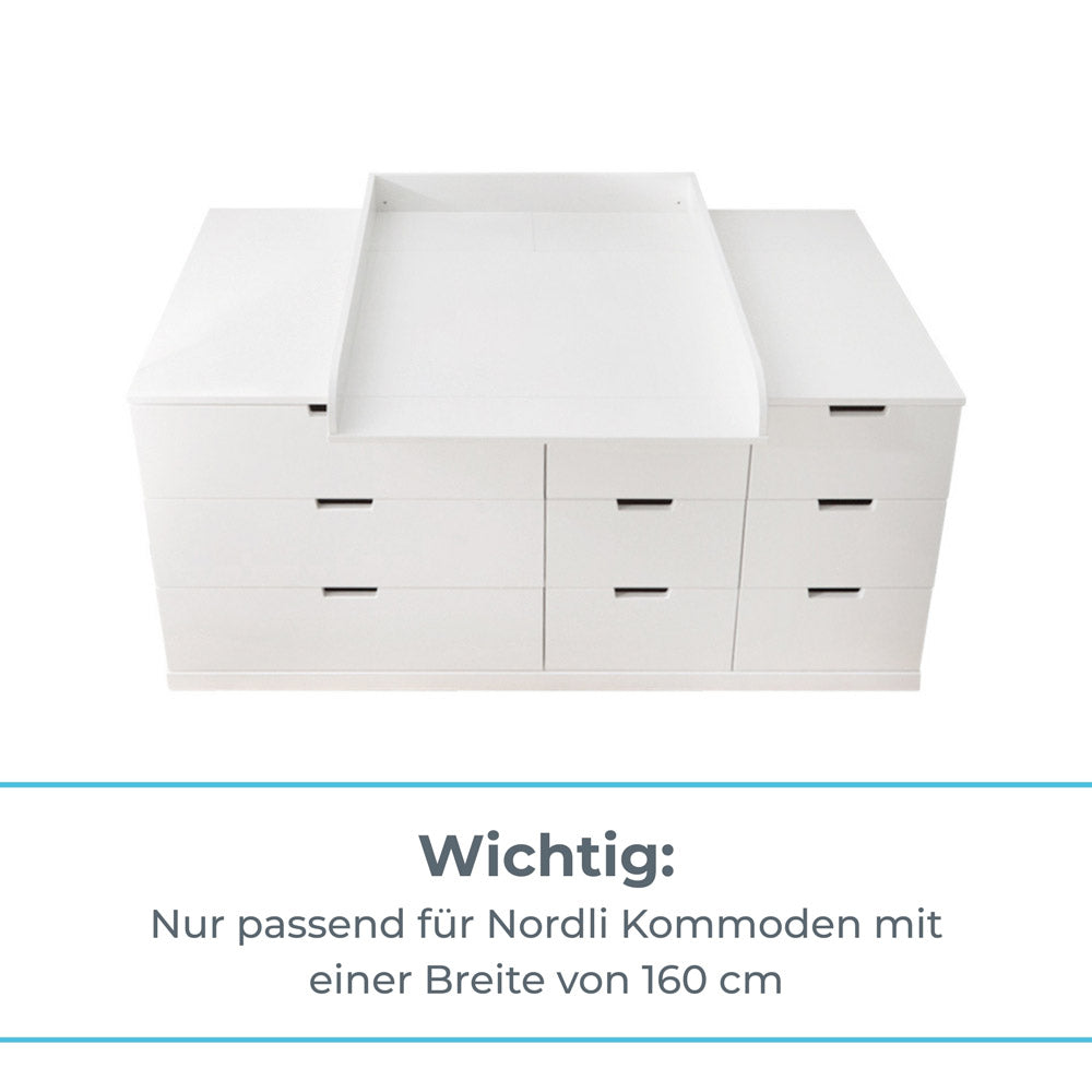 Nordli Wickelkommode mit 160 cm Breite und 9 Schubladen.