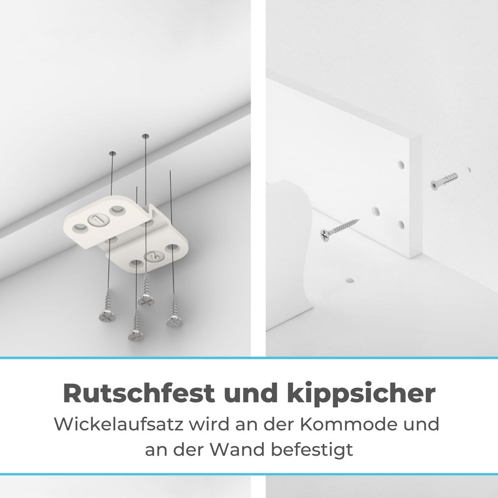 Detailaufnahme von der Befestigung vom Nordli Wickelaufsatz an der Kommode.