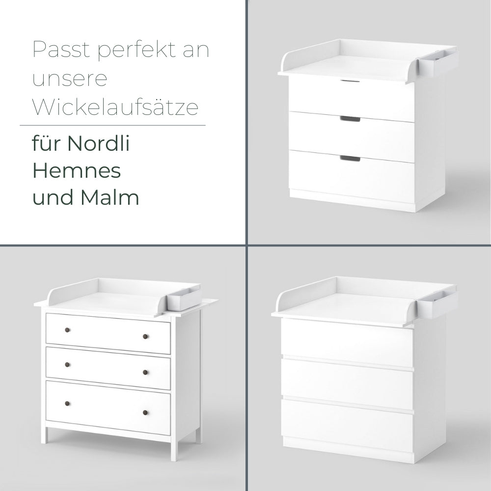 3 weiße IKEA Kommoden mit passgenauen Wickelaufsätzen: Hemnes Kommode, Nordli Kommode und Malm Kommode.